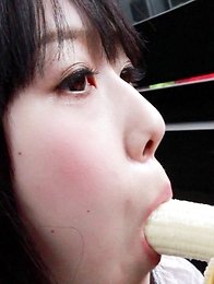 Machikos tiny mouth could barely wrap around the hentai fruit and it didnt take long before she slowly pressed the banana against her perfect shaved p