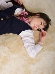 Horny schoolgirl Yuma Miyazaki shows off her feet before using a vibrator on cam