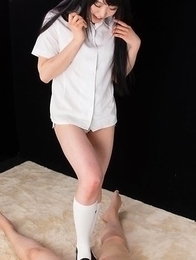 Yui Kawagoe dressed in white, she's ready to give an older guy a great footjob