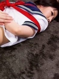Bound brunette Mizuho Shiina involuntarily showing off her leaking Japanese puss