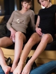 Leggy beauties Marie and Aoi Shino using their toes and soles to get him off