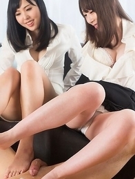 Aya Kisaki and Natsuki Yokoyama use their sexy feet to bring him to an orgasm
