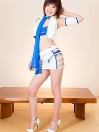 Hottie in white and blue Karen Kosaka using her perfect feet to make him cum