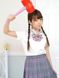 Mizuho Shiraishi with uniform and pigtails plays like child