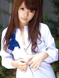 Manami Sato takes school uniform off and shows body outdoor